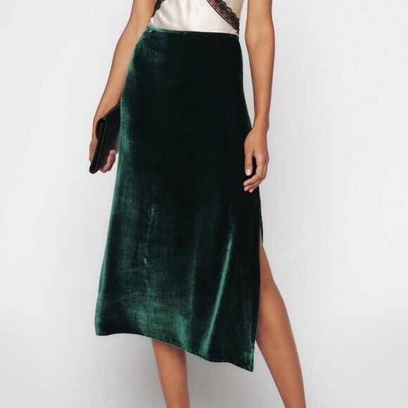 Reformation Bailee Velvet Silk Rayon Plush Green Midi Skirt Size 6 - Picture 1 of 6
